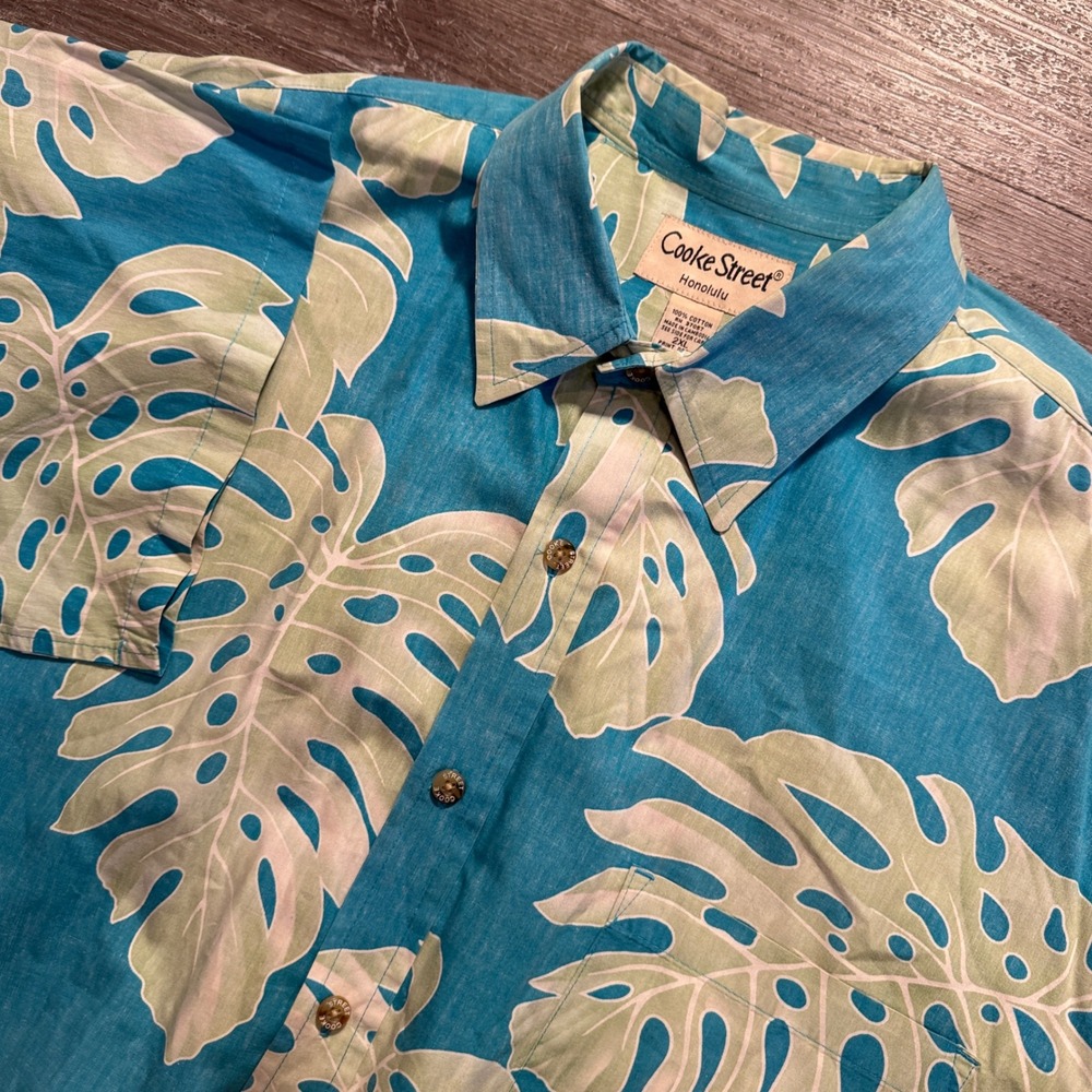 Cooke Street Shirt Men 2XL Blue Cotton Monstera Leaf Hawaiian Aloha Summer Beach